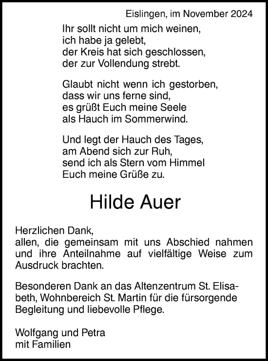 Traueranzeige von Hilde Auer von NWZ Neue Württembergische Zeitung