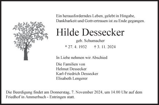 Traueranzeige von Hilde Dessecker von Schwäbische Tagblatt