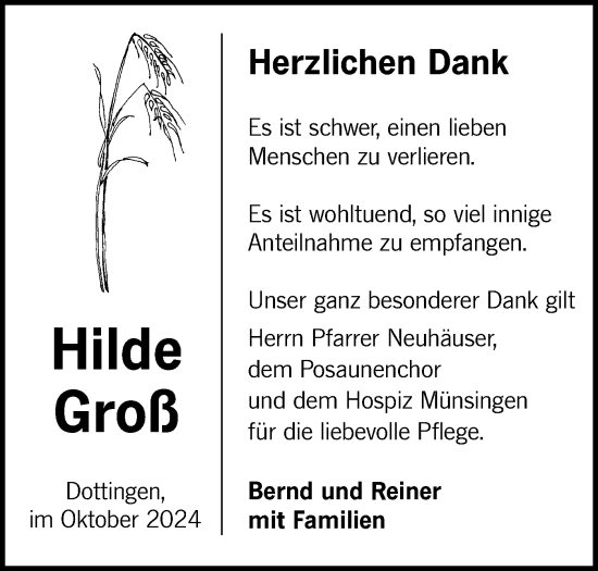 Traueranzeige von Hilde Groß von Alb-Bote/Metzinger-Uracher Volksblatt