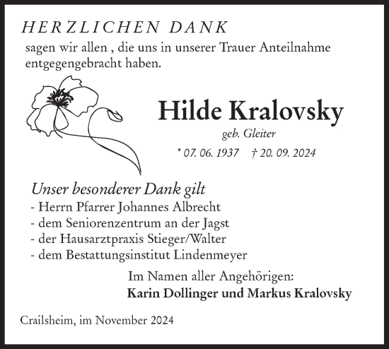 Traueranzeige von Hilde Kralovsky von Hohenloher Tagblatt