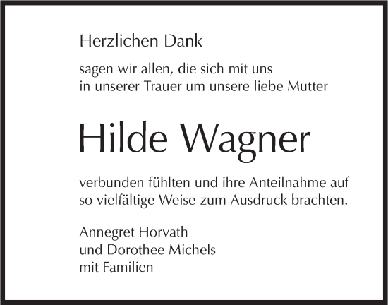 Traueranzeige von Hilde Wagner von Schwäbische Tagblatt