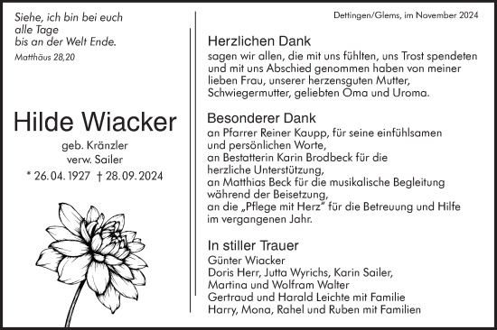 Traueranzeige von Hilde Wiacker von Alb-Bote/Metzinger-Uracher Volksblatt