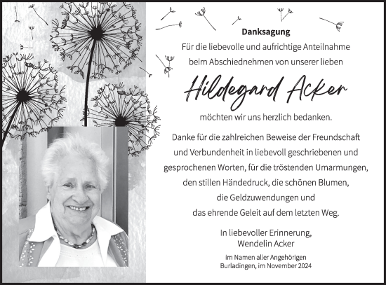 Traueranzeige von Hildegard Acker von SÜDWEST PRESSE Zollernalbkreis/Hohenzollerische Zeitung