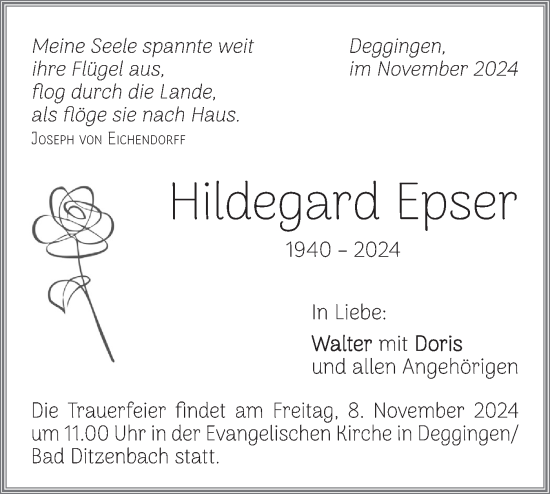 Traueranzeige von Hildegard Epser von Geislinger Zeitung