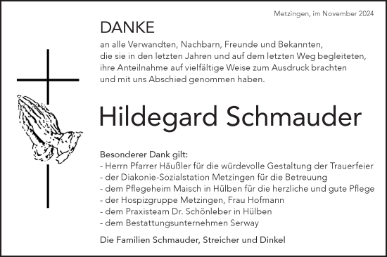 Traueranzeige von Hildegard Schmauder von Alb-Bote/Metzinger-Uracher Volksblatt