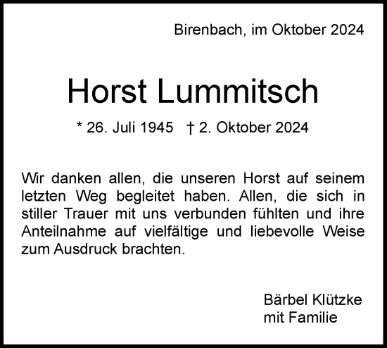 Traueranzeige von Horst  Lummitsch von NWZ Neue Württembergische Zeitung