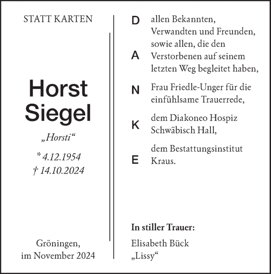 Traueranzeige von Horst Siegel von Hohenloher Tagblatt