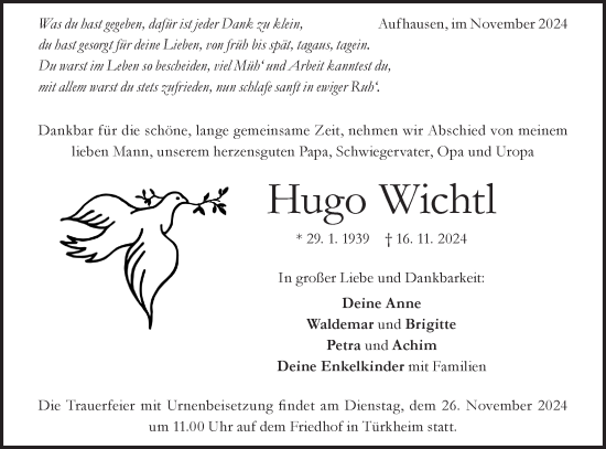 Traueranzeige von Hugo Wichtl von Geislinger Zeitung