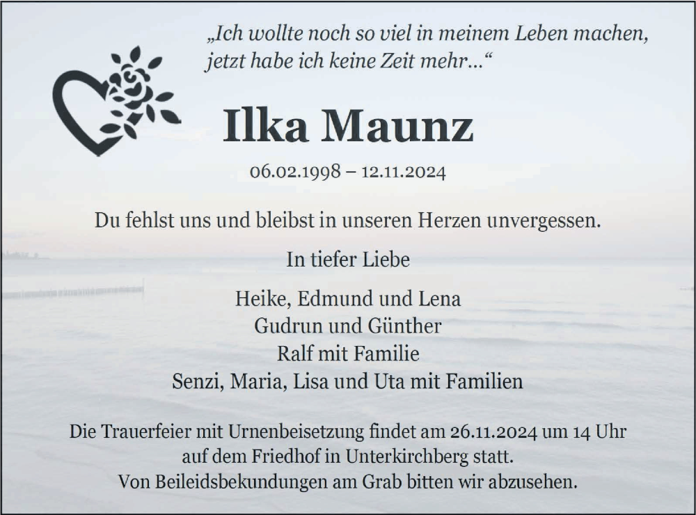  Traueranzeige für Ilka Maunz vom 16.11.2024 aus SÜDWEST PRESSE Ausgabe Ulm/Neu-Ulm