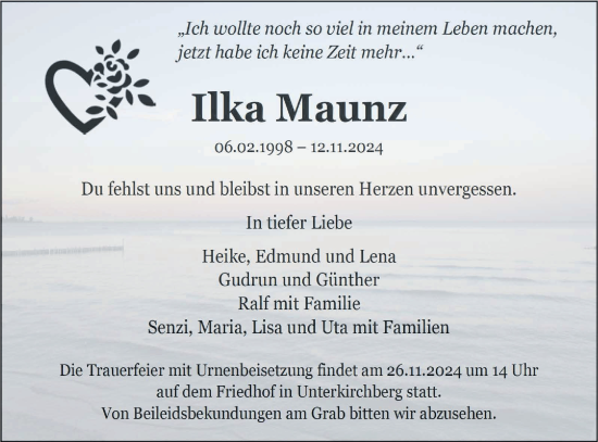 Traueranzeige von Ilka Maunz von SÜDWEST PRESSE Ausgabe Ulm/Neu-Ulm