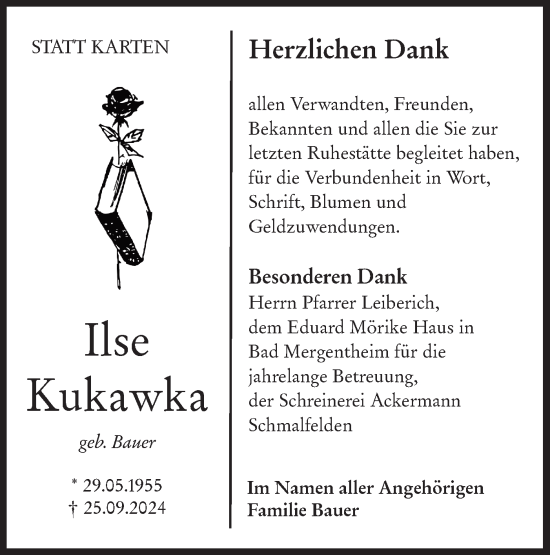 Traueranzeige von Ilse Kukawka von Hohenloher Tagblatt