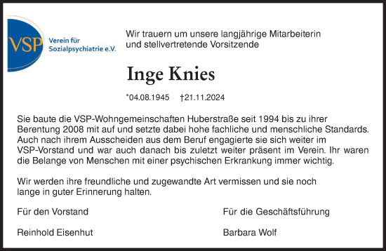 Traueranzeige von Inge Knies von Schwäbische Tagblatt/Schwäbische Tagblatt