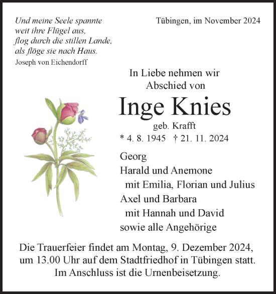 Traueranzeige von Inge Knies von Schwäbische Tagblatt