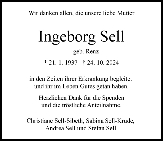 Traueranzeige von Ingeborg Sell von Schwäbische Tagblatt