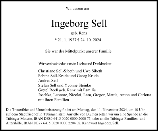 Traueranzeige von Ingeborg Sell von Schwäbische Tagblatt