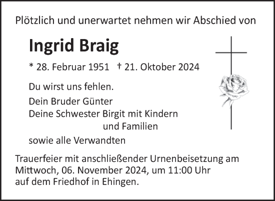 Traueranzeige von Ingrid Braig von Ehinger Tagblatt