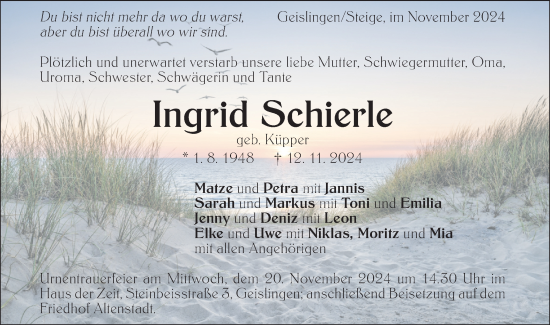 Traueranzeige von Ingrid Schierle von Geislinger Zeitung