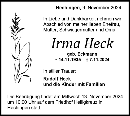 Traueranzeige von Irma Heck von SÜDWEST PRESSE Zollernalbkreis/Hohenzollerische Zeitung