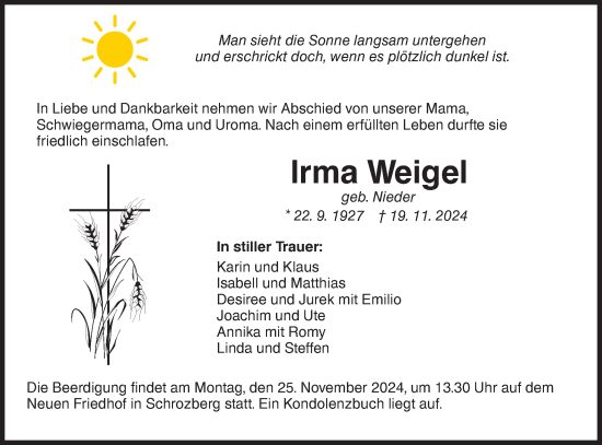 Traueranzeige von Irma Weigel von Hohenloher Tagblatt