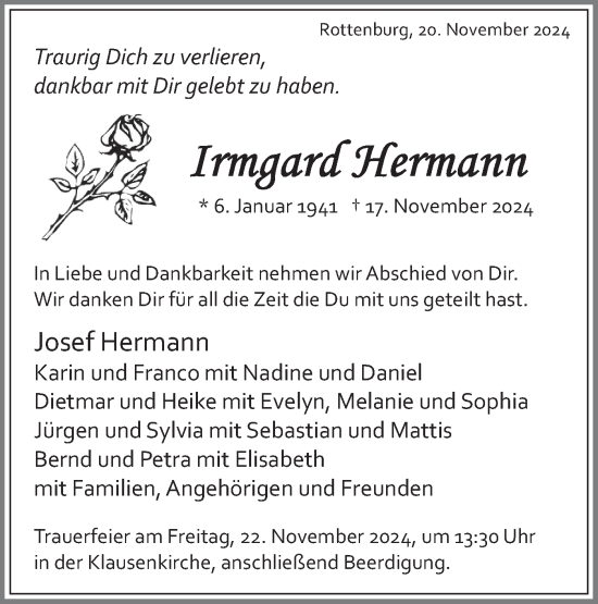 Traueranzeige von Irmgard Hermann von Schwäbische Tagblatt