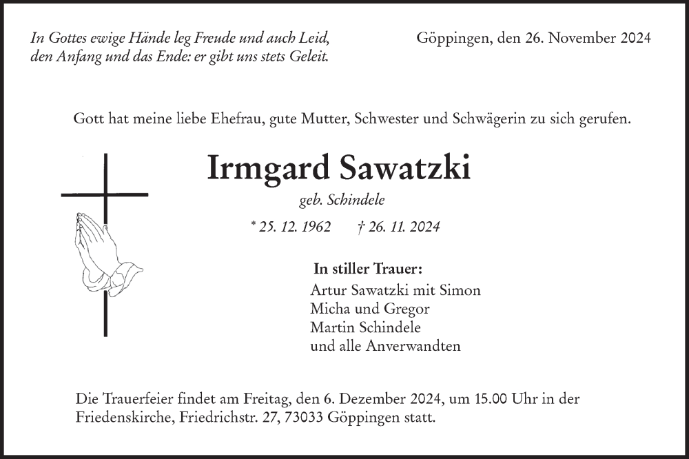  Traueranzeige für Irmgard Sawatzki vom 30.11.2024 aus NWZ Neue Württembergische Zeitung