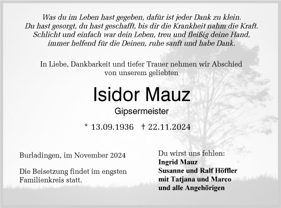 Traueranzeige von Isidor Mauz von SÜDWEST PRESSE Zollernalbkreis/Hohenzollerische Zeitung