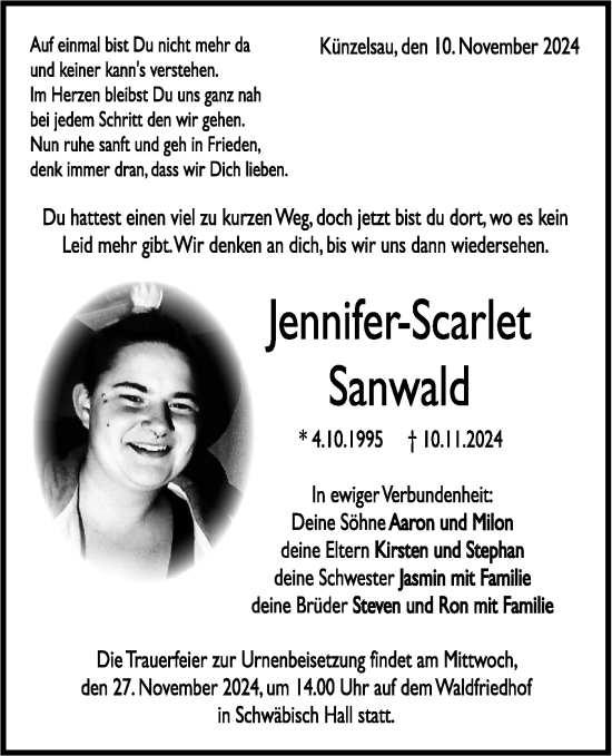 Traueranzeige von Jennifer-Scarlet Sanwald von Hohenloher Tagblatt