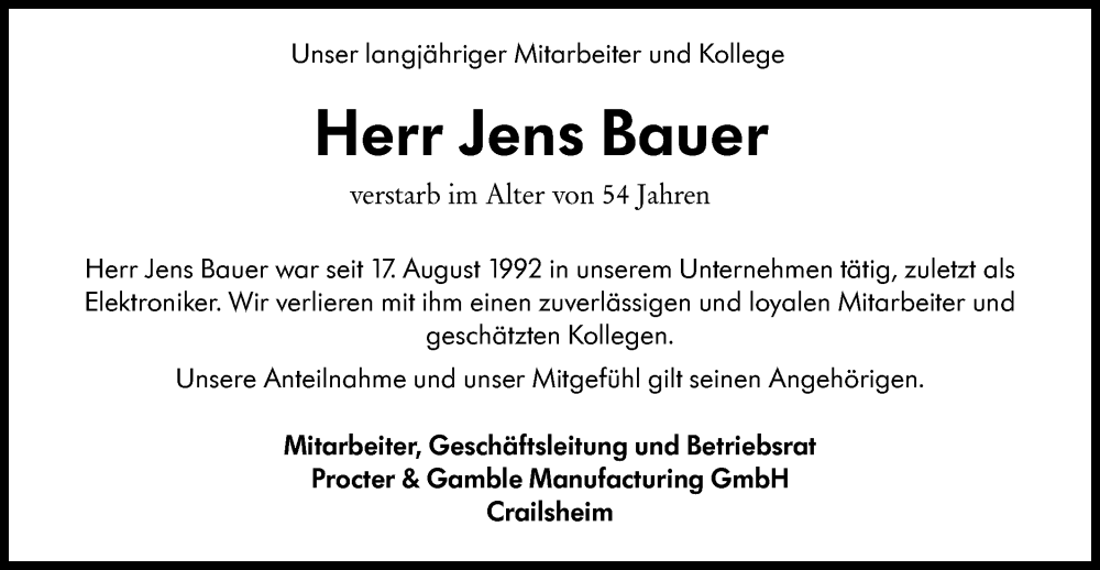  Traueranzeige für Jens Bauer vom 30.11.2024 aus Hohenloher Tagblatt