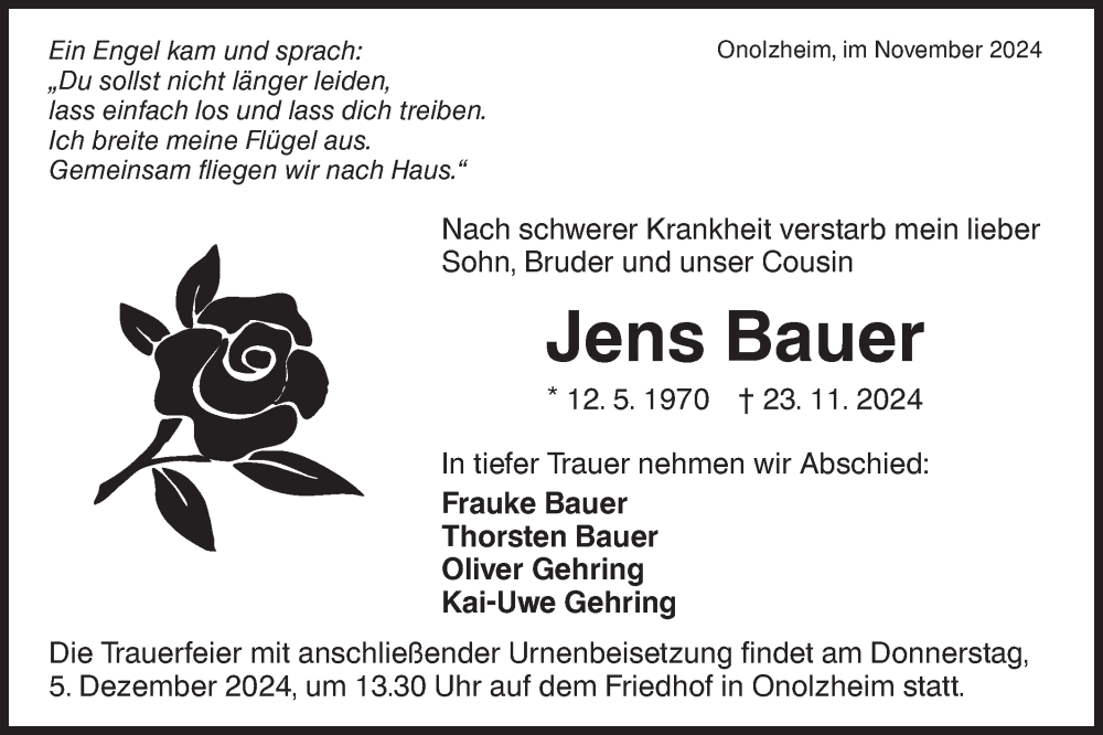  Traueranzeige für Jens Bauer vom 30.11.2024 aus Hohenloher Tagblatt