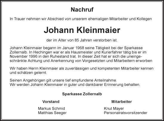 Traueranzeige von Johann Kleinmaier von SÜDWEST PRESSE Zollernalbkreis/Hohenzollerische Zeitung