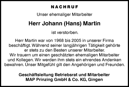 Traueranzeige von Johann Martin von NWZ Neue Württembergische Zeitung/Geislinger Zeitung