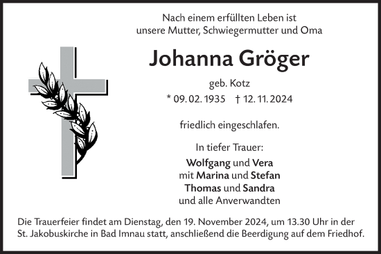 Traueranzeige von Johanna Gröger von SÜDWEST PRESSE Zollernalbkreis/Hohenzollerische Zeitung