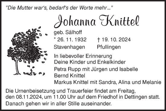 Traueranzeige von Johanna Knittel von Alb-Bote/Metzinger-Uracher Volksblatt