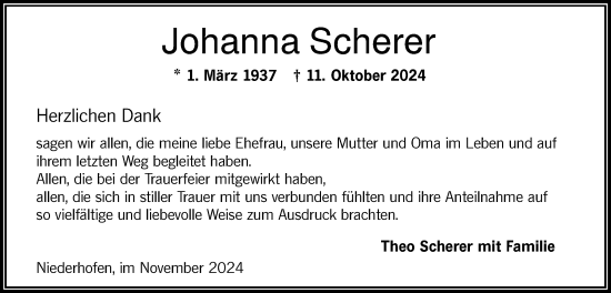 Traueranzeige von Johanna Scherer von Ehinger Tagblatt