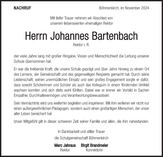 Traueranzeige von Johannes Bartenbach von Geislinger Zeitung