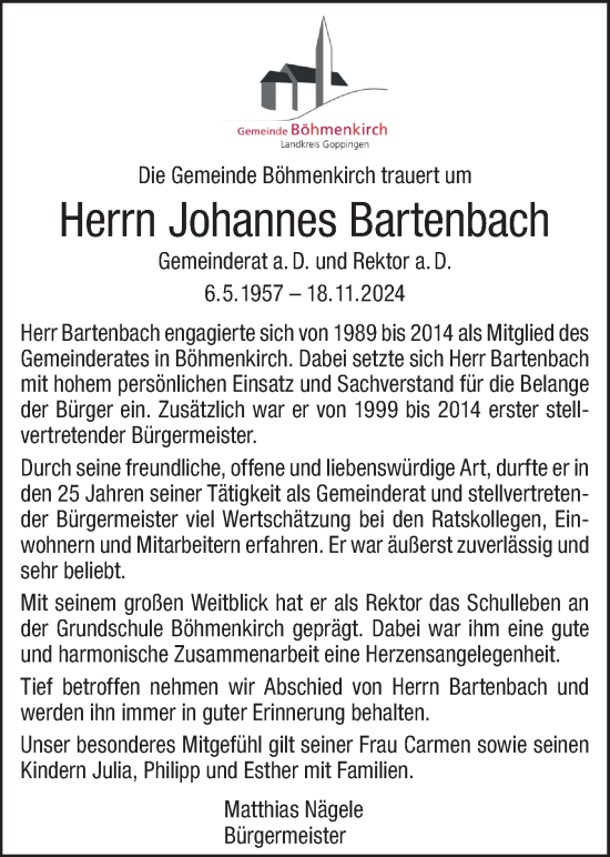 Traueranzeige von Johannes Bartenbach von Geislinger Zeitung