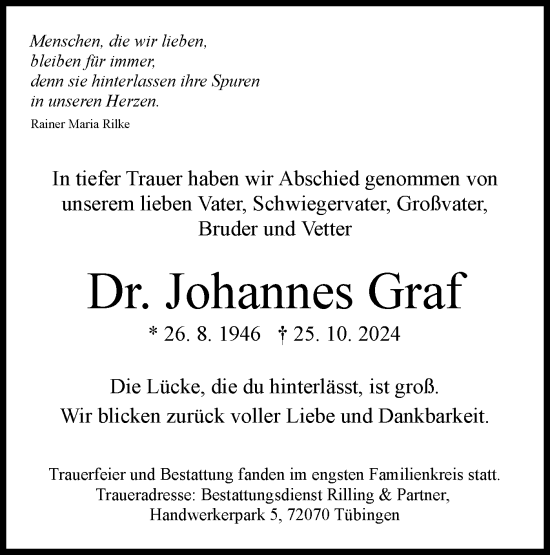 Traueranzeige von Johannes Graf von Schwäbische Tagblatt