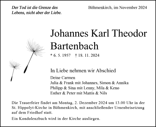 Traueranzeige von Johannes Karl Theodor Bartenbach von Geislinger Zeitung