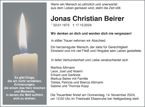 Traueranzeige von Jonas Christian Beirer von SÜDWEST PRESSE Ausgabe Ulm/Neu-Ulm