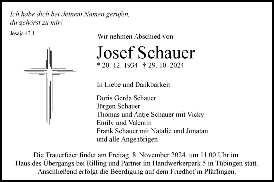 Traueranzeige von Josef Schauer von Schwäbische Tagblatt