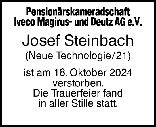 Traueranzeige von Josef Steinbach von SÜDWEST PRESSE Ausgabe Ulm/Neu-Ulm