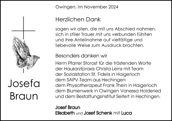 Traueranzeige von Josefa Braun von SÜDWEST PRESSE Zollernalbkreis/Hohenzollerische Zeitung