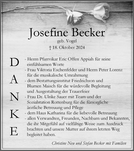 Traueranzeige von Josefine Becker von Schwäbische Tagblatt