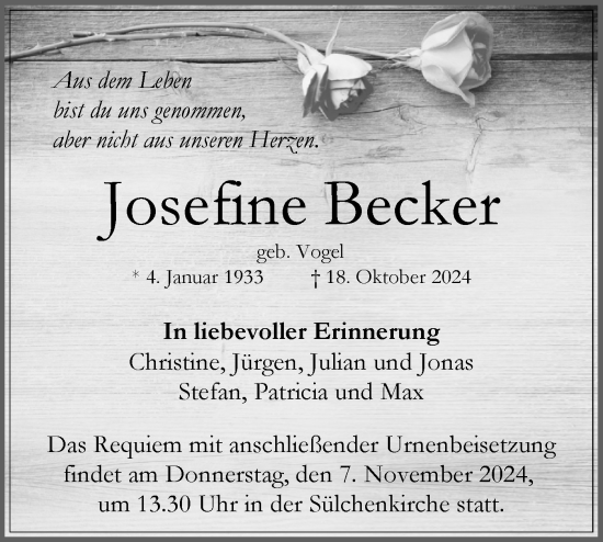 Traueranzeige von Josefine Becker von Schwäbische Tagblatt