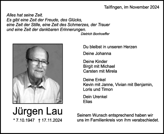 Traueranzeige von Jürgen Lau von SÜDWEST PRESSE Zollernalbkreis/Hohenzollerische Zeitung