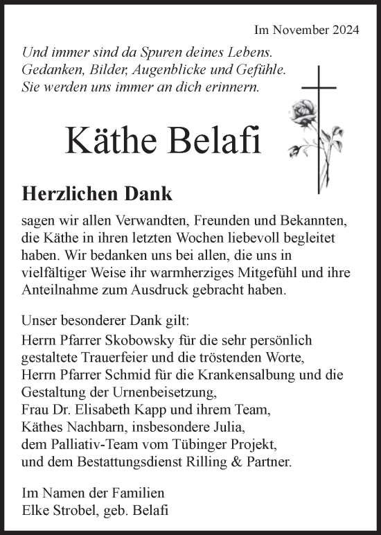 Traueranzeige von Käthe Belafi von Schwäbische Tagblatt