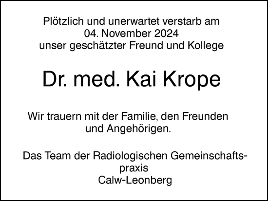 Traueranzeige von Kai Krope von Schwäbische Tagblatt