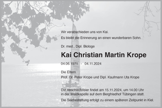 Traueranzeige von Kai Christian Martin Krope von Schwäbische Tagblatt