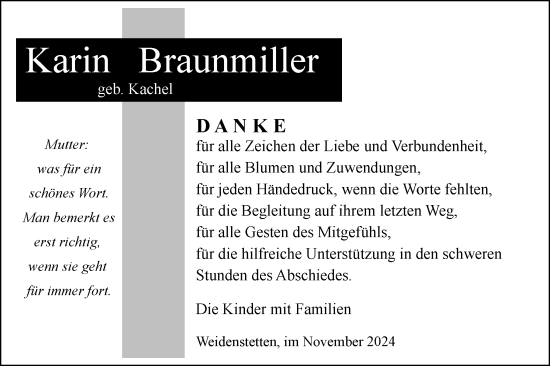 Traueranzeige von Karin Braunmiller von SÜDWEST PRESSE Ausgabe Ulm/Neu-Ulm