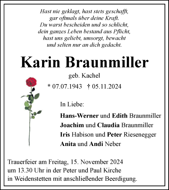 Traueranzeige von Karin Braunmiller von SÜDWEST PRESSE Ausgabe Ulm/Neu-Ulm